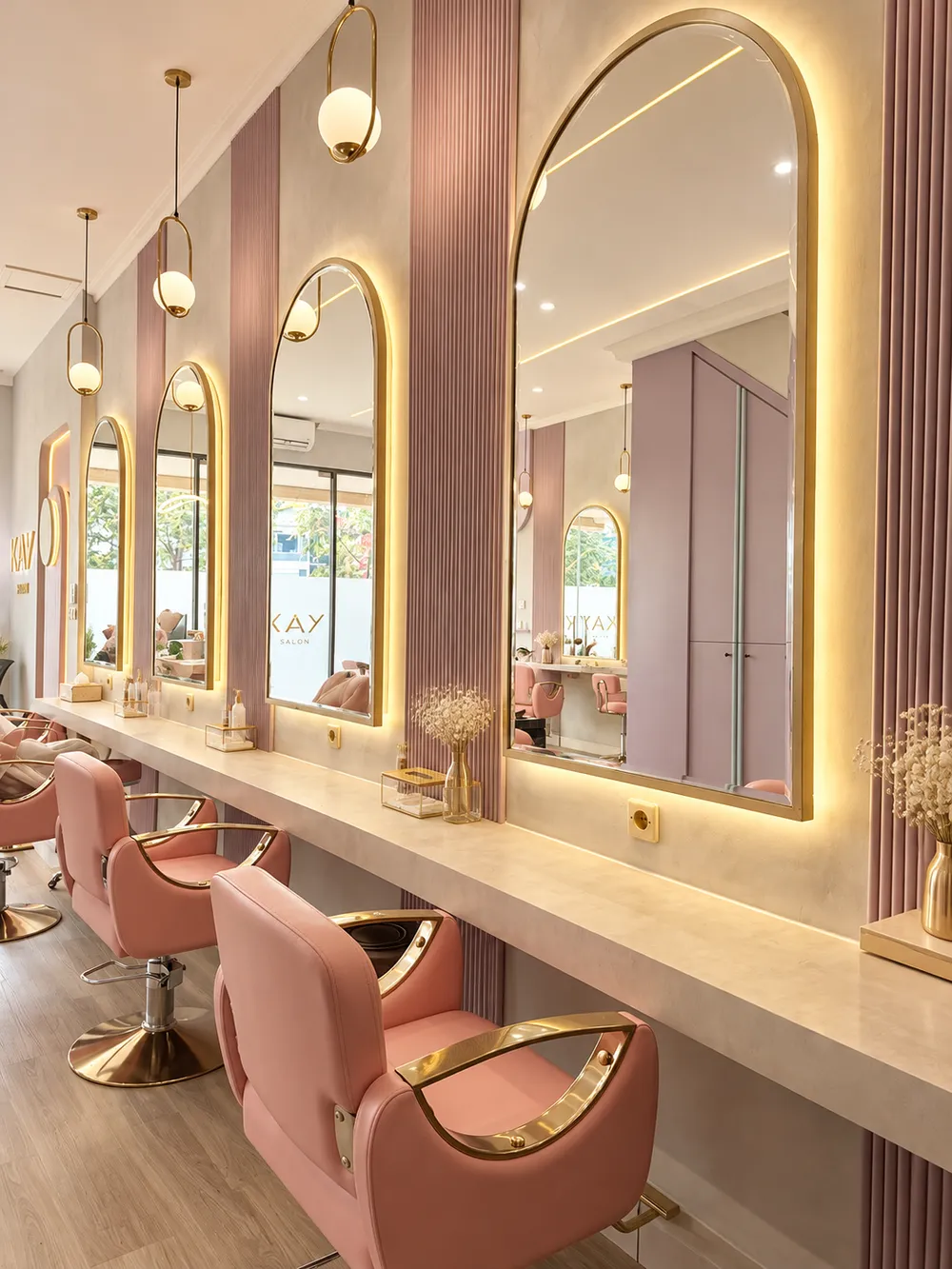 Interior KAY Salon dengan cermin lengkung dan kursi pink